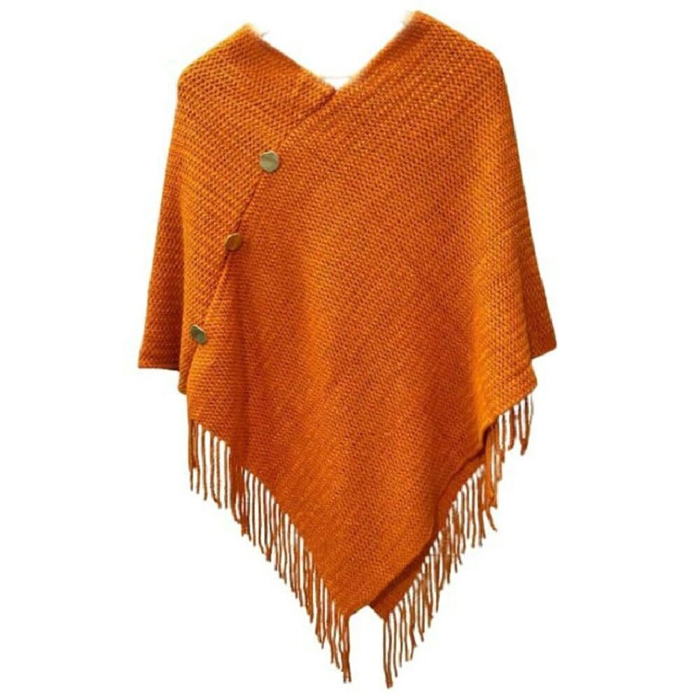 Cozy Knitted Poncho Sweater V-Neck Button Pullover Cape Shawl Wrap